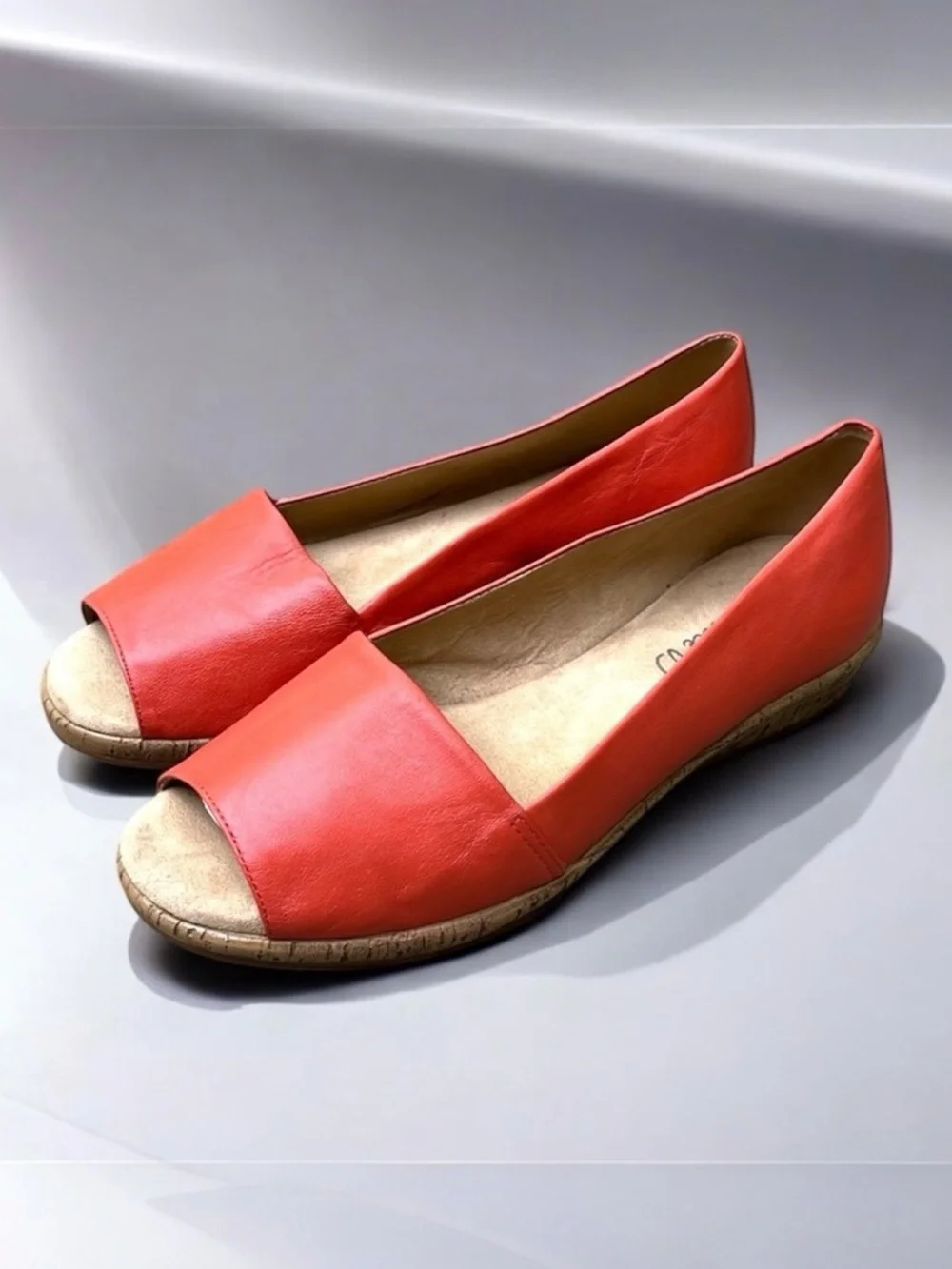 Michelle D Ellena Leather Low Wedge Open Toe Shoe in Coral Size 6 1/2